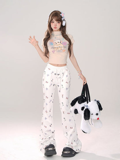 T-shirt with Adorable Puppy Print Apricot Mock Neck Crop