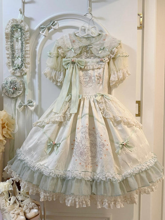 花柄ウエストハイスカート テディ刺繍ジャンパー ロリータと布の蝶結び