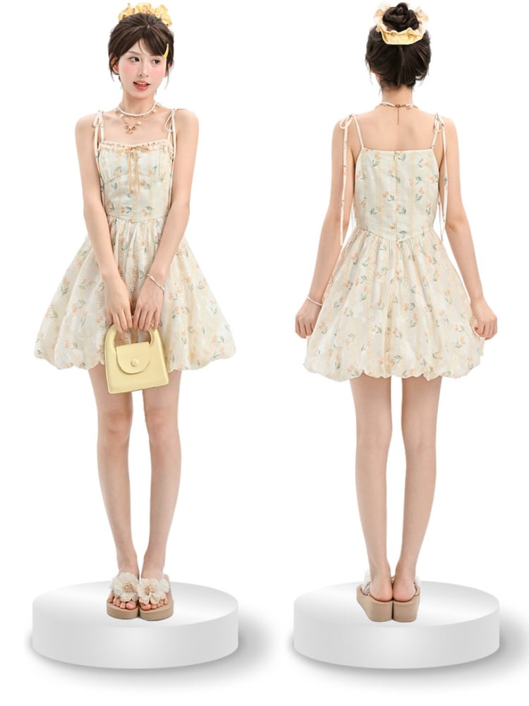 Bubble Sweet Kleid mit selbstbindenden Trägern Slip Apricot Blumenmuster Rock Urlaub