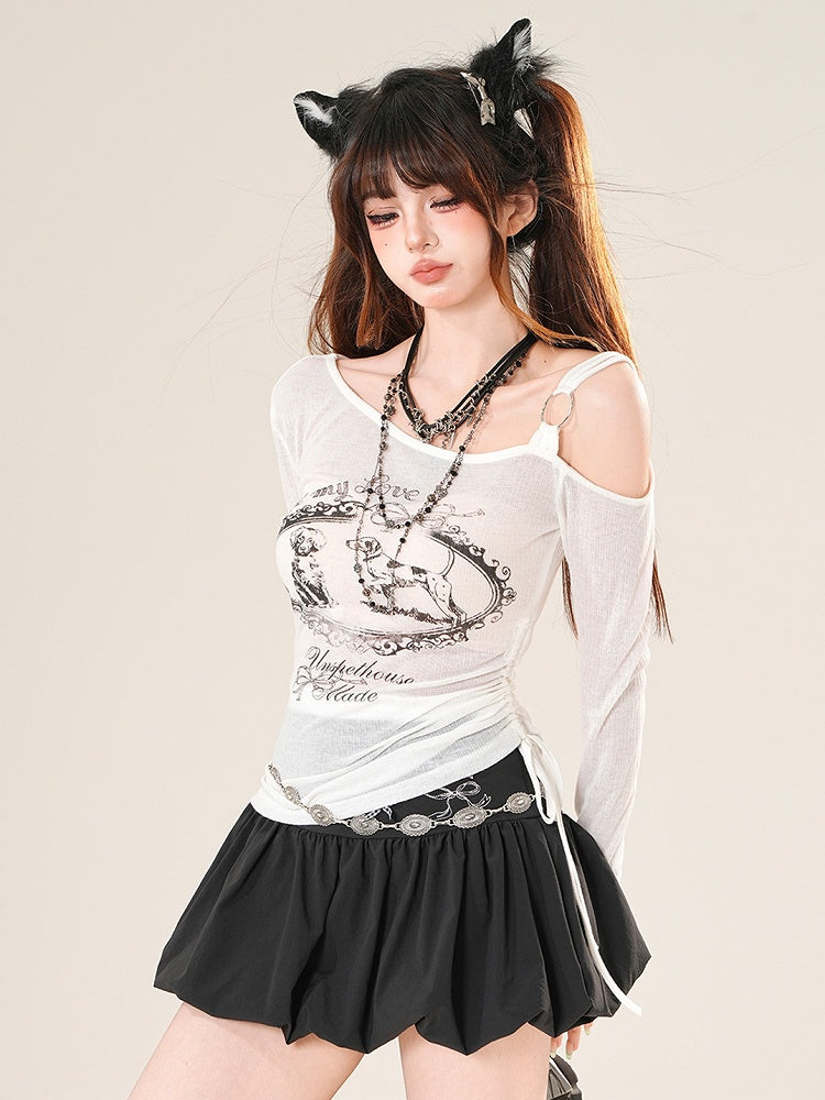 ホワイト/ベージュのトップス、袖、ネックライン、アシンメトリー、ロングレタープリント、子犬と