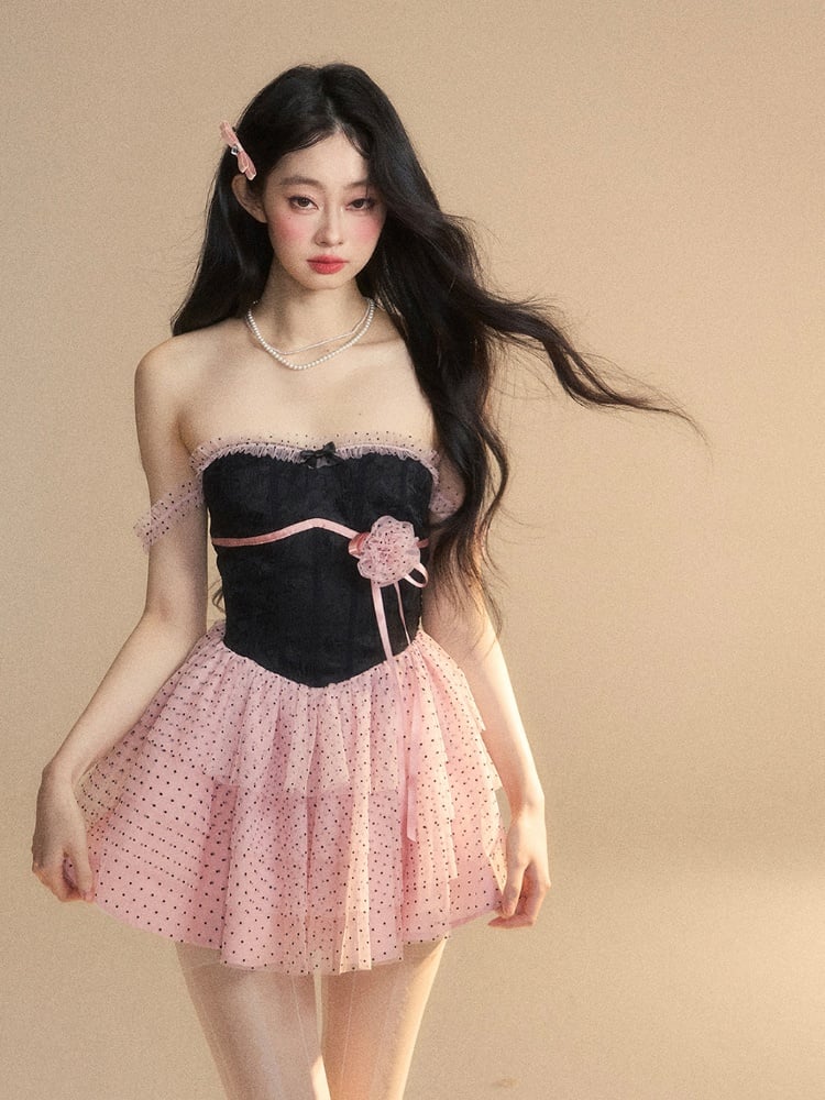 Dress Tiered Polka-Dot Mesh Skirt Floral Black  Pink Mini Accent Pattern