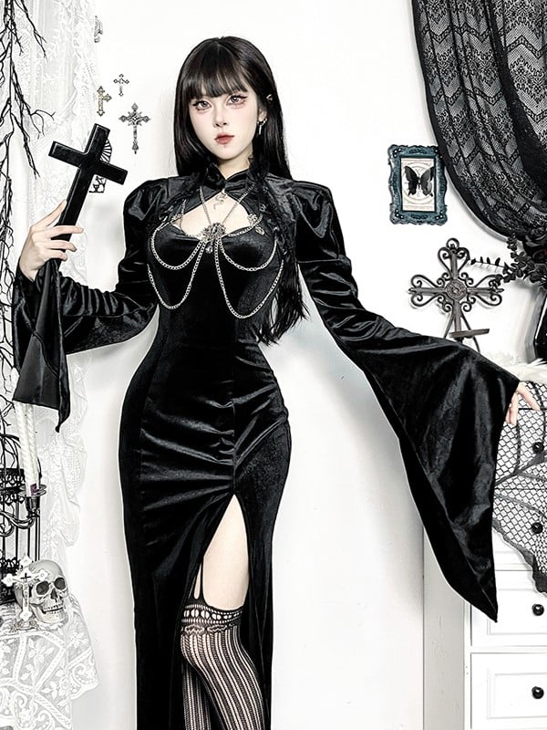 Gothic Trim Sleeve Detail Bell Black Shrug Chain Gem Halloween Lace with