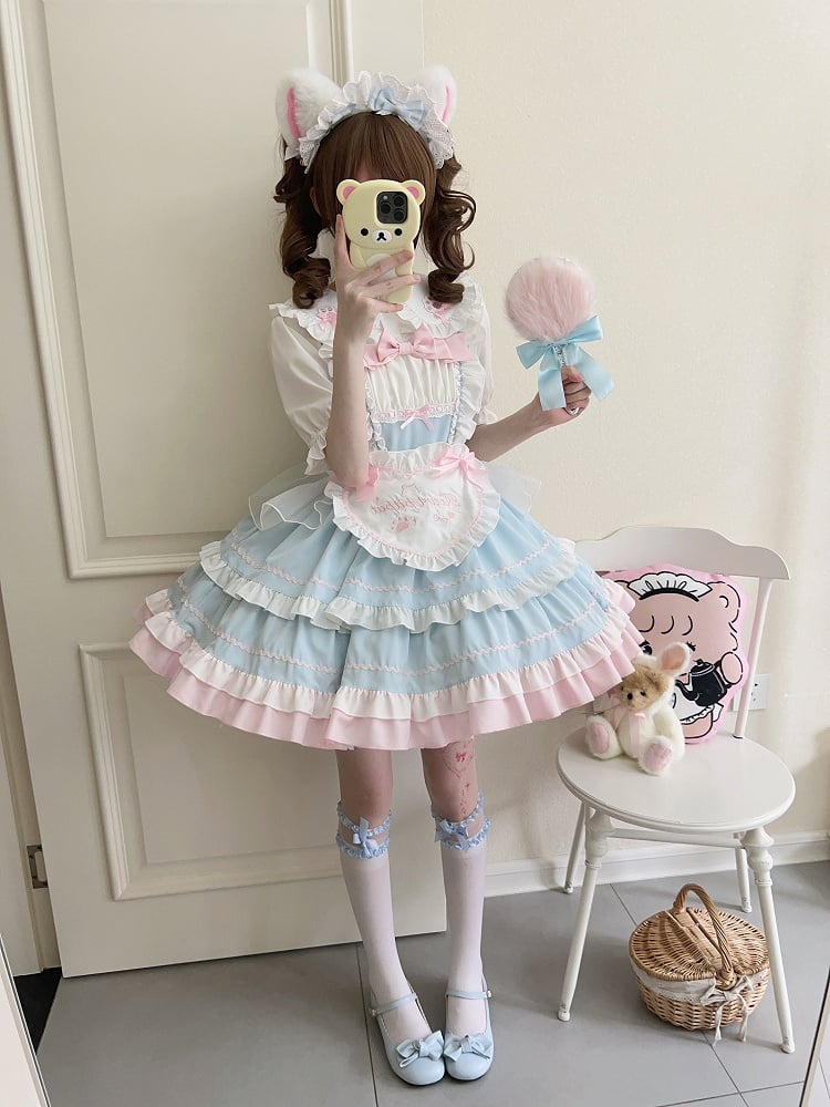 Blue JSK Sweet Bow / Apron Lolita Full Maid Ruffle Set Dress + Heart