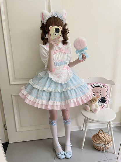 Blue JSK Sweet Bow / Apron Lolita Full Maid Ruffle Set Dress + Heart