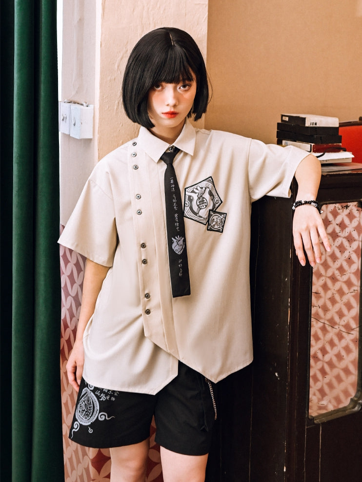 シャツ ホワイト アシンメトリー ボタン 半袖 プレッピー プラケット