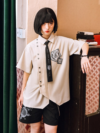 シャツ ホワイト アシンメトリー ボタン 半袖 プレッピー プラケット
