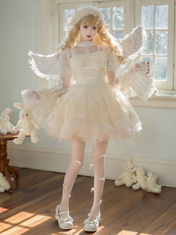 Kleid Prinzessin Lolita Weiß Taille auf und Band Schleifen Perlen Baskenrock Creme