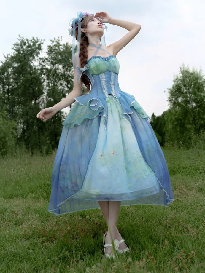 Gestufter Volant-Saum, Neckholder, Korsett-Top mit Stäbchen, Druck, Himmel, Malerei, Fee, Öl, Blau