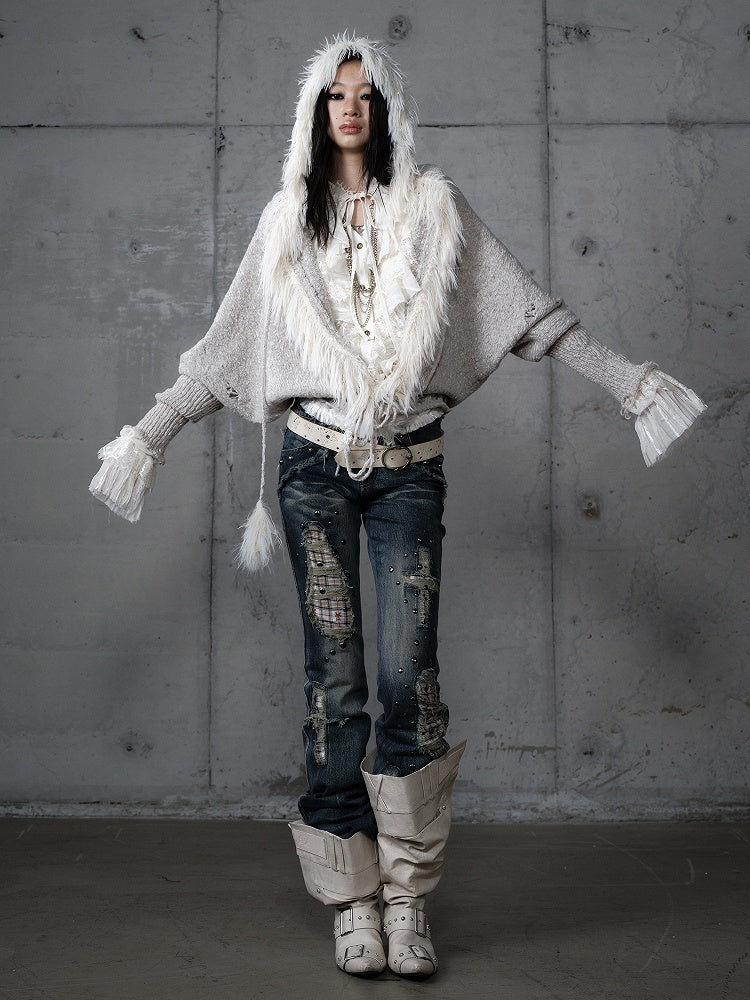 Trim Light Punk Cardigan Wing Faux Grey Fur Print Y2K Batwing with Sleeve