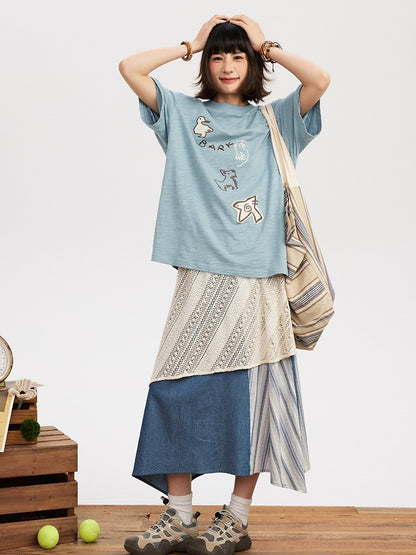 Animal Embroidery with Kawaii T-shirt Patch Decoration Blue Light