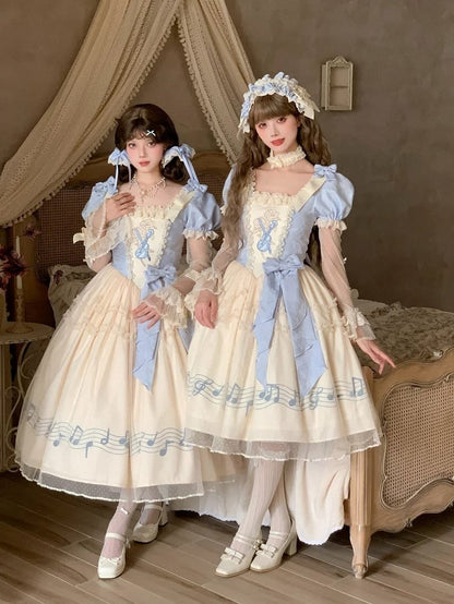 Lolita Blue Note Version Elegant Lace Dress Classic Musical Short Print Beige Violin Embroidery with