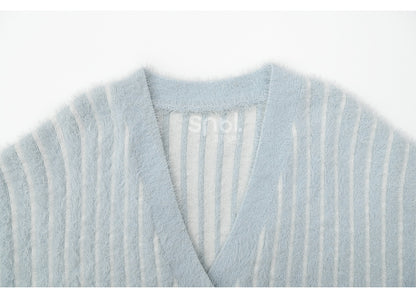 Cute Little Bear Plushie Adorned  Blue Striped Loose Cardigan