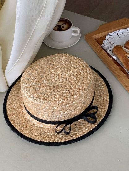 Straw Hat with Black Bowknot Detail - Lalacita