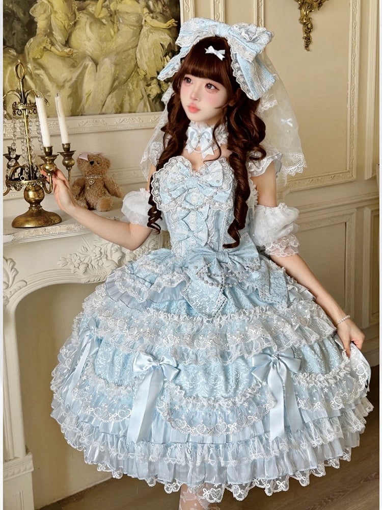 Dress Princess Accents Lolita Blue JSK with Bow and Lace Sweet