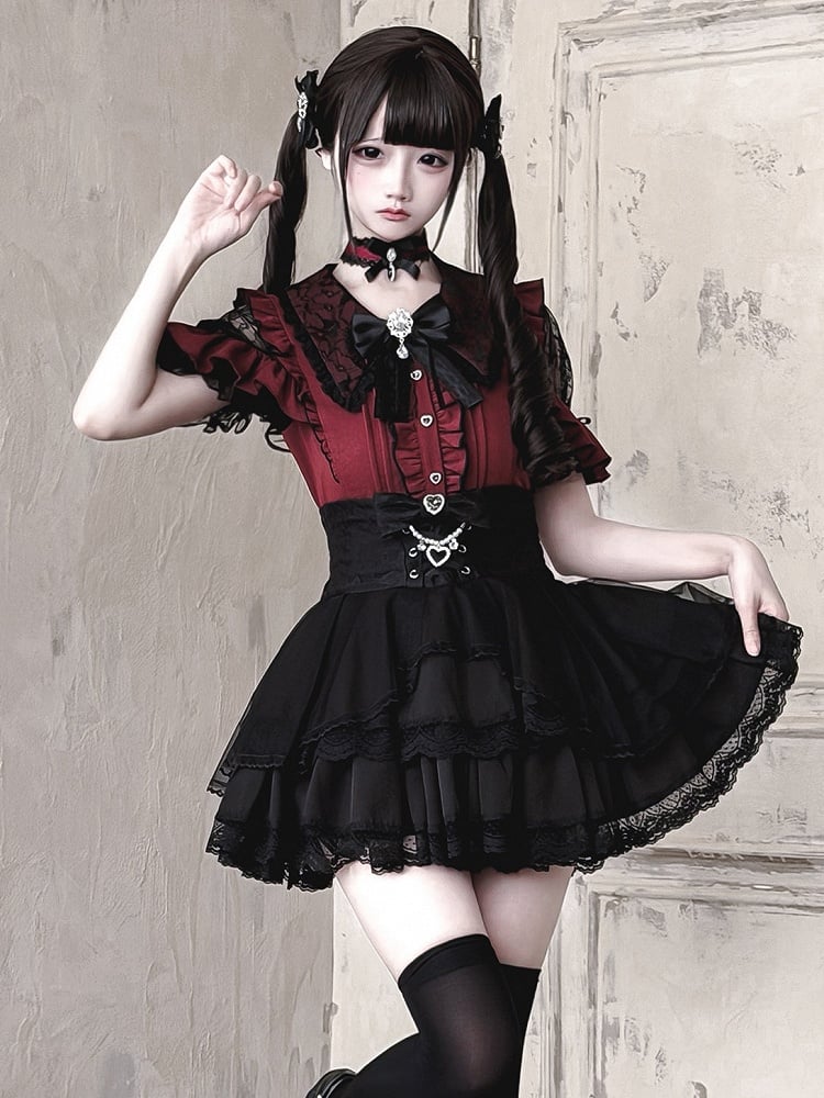 Jirai Kei Black & Red Lace Cutout Shoulder Short Sleeve Ruffle Blouse - Ekomi