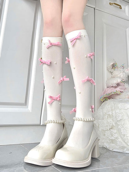 4 Colors Velvet Bow & Bead Decoration Calf Socks