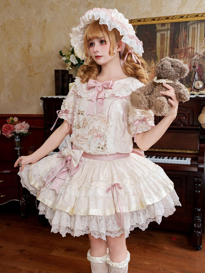 Beige & Pink Low Waist Dollcore Lolita OP Dress with Cat Print & Ribbon - Mirror Ragdoll