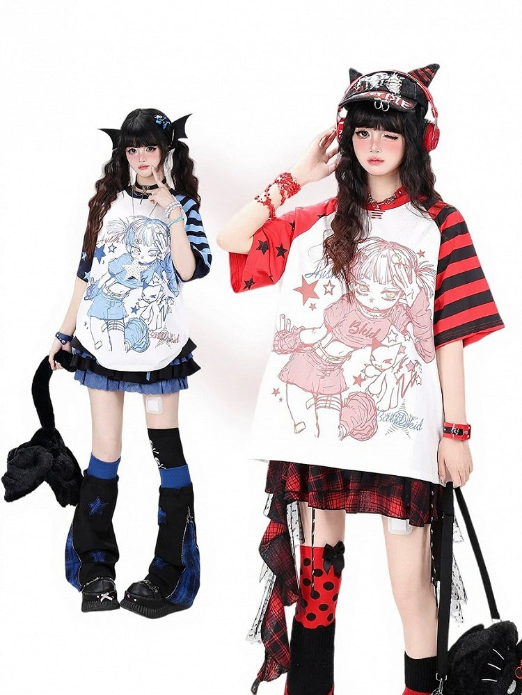 Otaku Kawaii Star-Stripe Tee with Anime Girl Graphic, Blue White - CRAZY GIRL