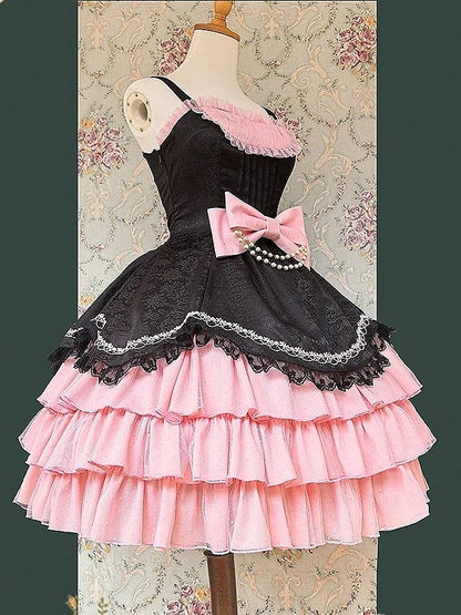 Pink Elegant Layered Black with and Dress Lolita Accents Classic Ruffle Bead Bow