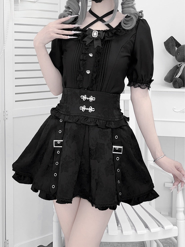 Knot Cheongsam Jacquard Skirt Buckle Style Jirai Kei Black Straps Techwear Buttons with