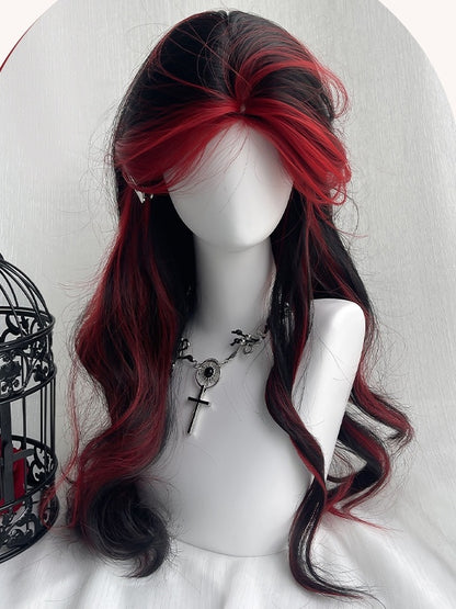 Black and Red Highlights Long Wavy Synthetic Wig With Curtain Bangs