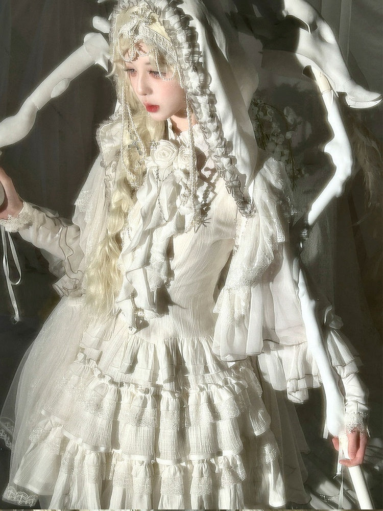White Shiro Gothic Lolita Ruffle Trim Hooded Top