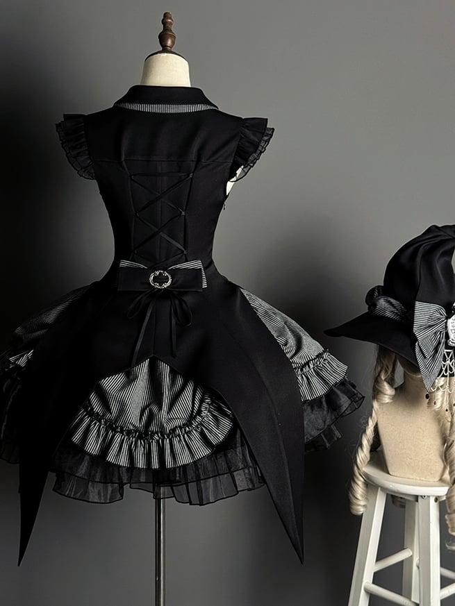Halloween Hem Gray and Dress Black Boned Drawstring Pattern Lolita Striped Gothic Waist