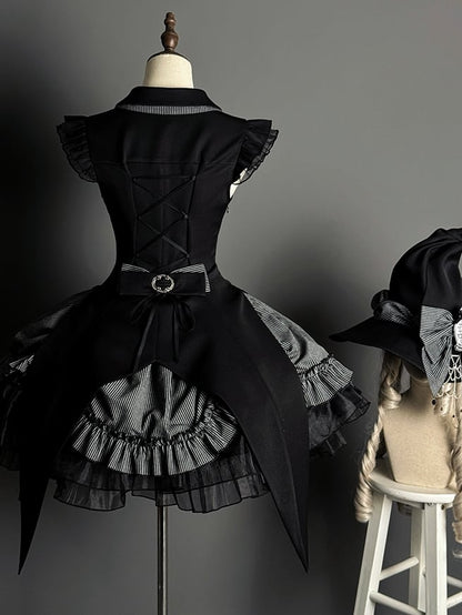 Halloween Hem Gray and Dress Black Boned Drawstring Pattern Lolita Striped Gothic Waist