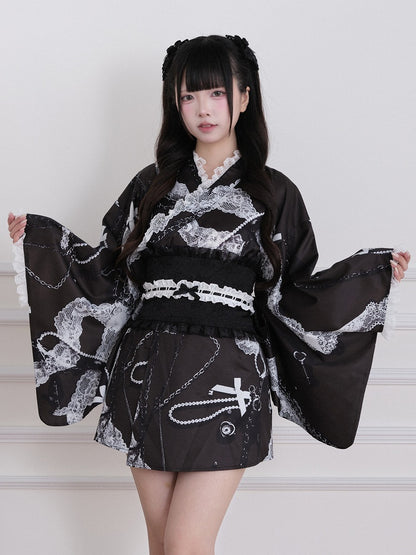 Black Yukata-Inspired Jirai Kei Lace Print Cross Collar Top with Lace Details - No Genki