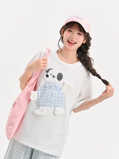 T-Shirt Baumwolle Adorable Puppy Applique Weiß Lose