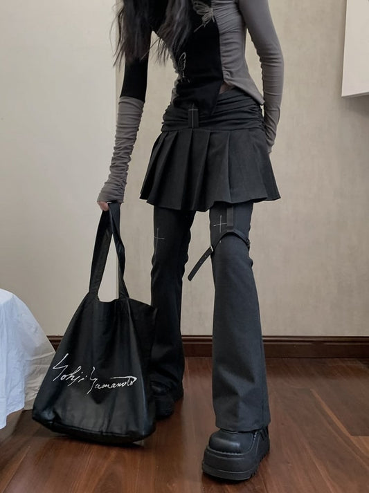 with Pleated Regular/Long Version Jeans Gray Skirt and Cross Flared Motif Dark