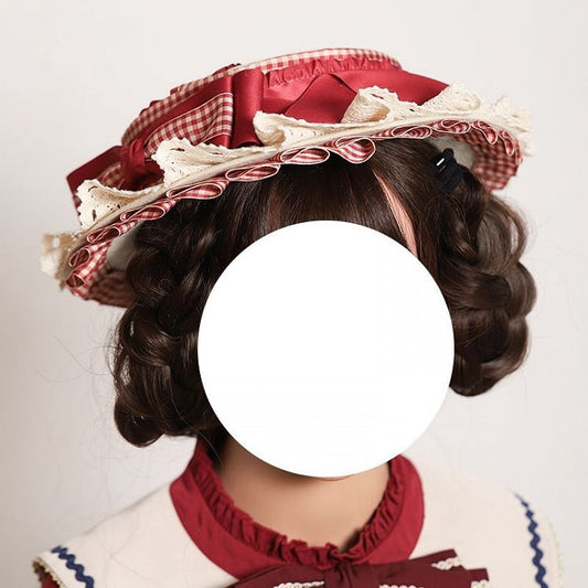 with Flat Lace Plaid White Bow Hat Red Lolita Trim and