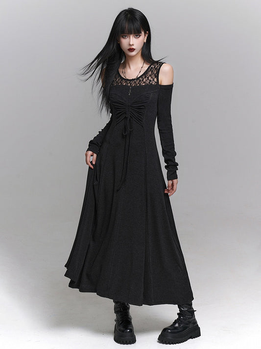 Detail Tie-Bow Gray with Dress Faux Two-Piece Dark Gothic