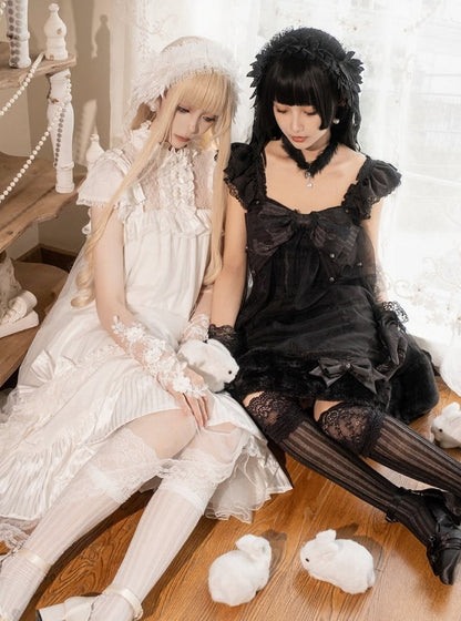Black Lace Flutter Sleeve JSK with Pearl Bowknot - Kuroya
