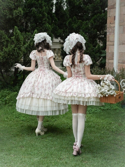 Elastisches langes klassisches Lolita-Kleid mit quadratischem Ausschnitt und Blumenmuster