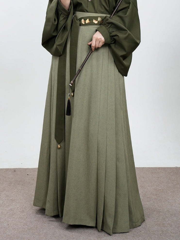 Skirt with Partial Green Style Pleated Waistband Chinese Elastic