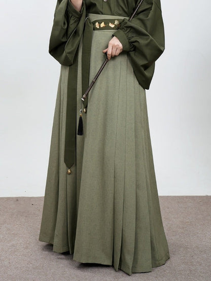 Skirt with Partial Green Style Pleated Waistband Chinese Elastic