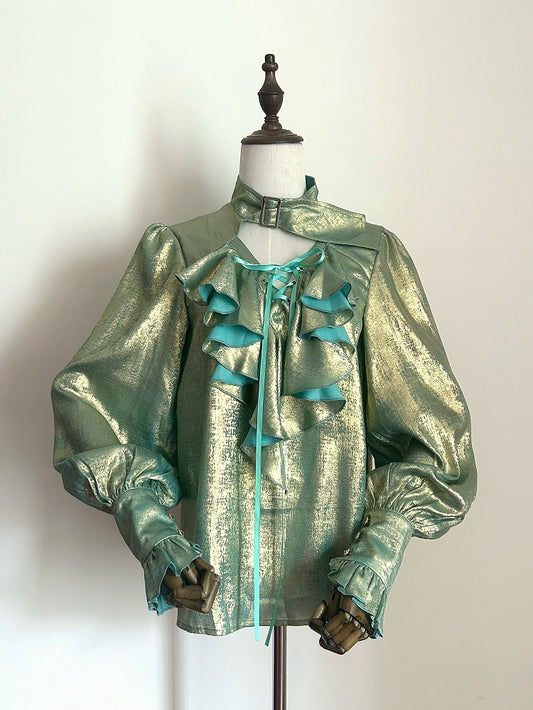 and Green with Ouji Collar Cascading Lolita Vibes Buckled Shirt Pirate Golden Ruffles