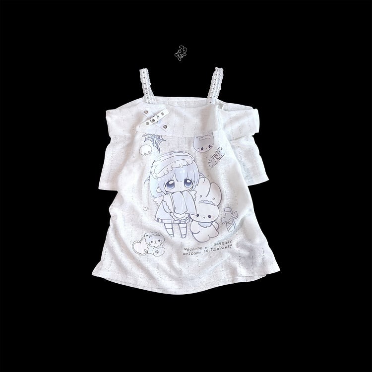 Off-the-shoulder Neckline White Jirai Kawaii Cartoon Yami Print