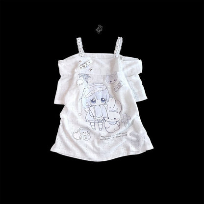 Off-the-shoulder Neckline White Jirai Kawaii Cartoon Yami Print