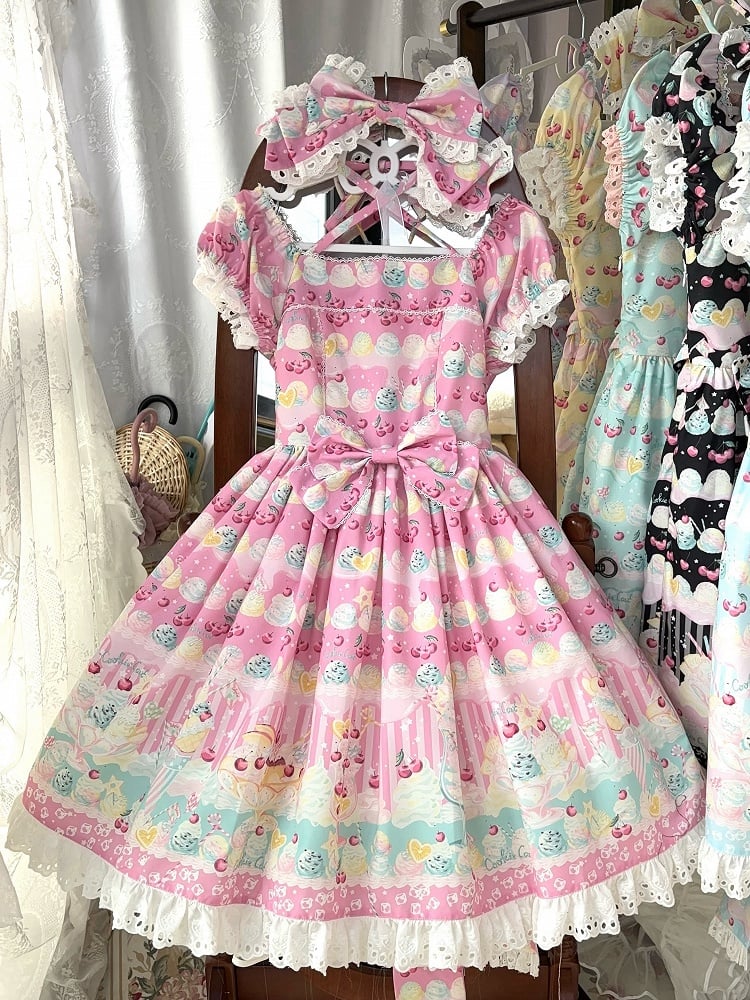 Pink Ice and Summer Lolita Sweet Cream Print Kirschkleid