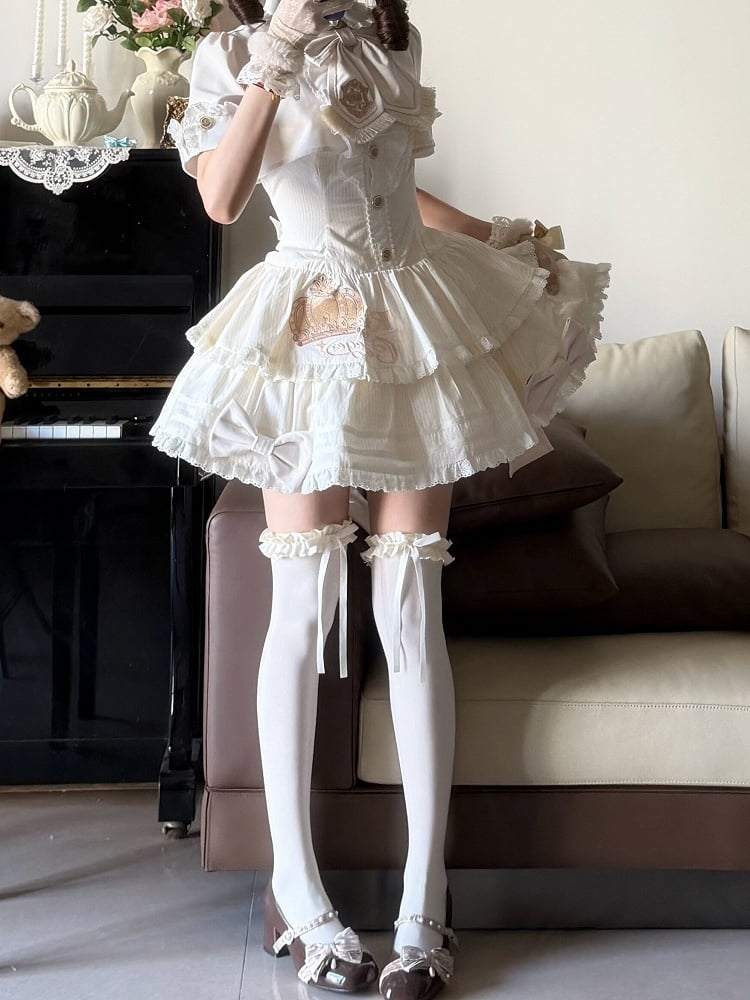 Beige Preppy Striped Two-Piece Gown with Crown Embroidery - Fairy Faith