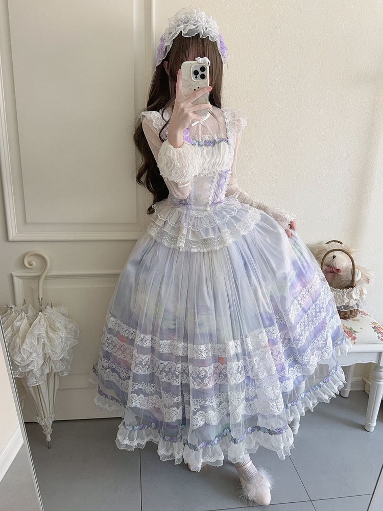 Drucken Lolita Öl Taille + Rock Overlay Top Malerei Entbeint Helle Klassische Lila Baske