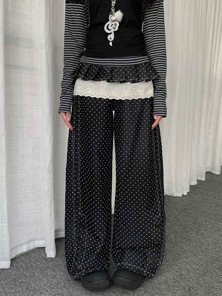 Button Dot Lace-trimmed Polka with Accessory Detachable Accents Black Wide-leg Jeans