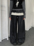 Button Dot Lace-trimmed Polka with Accessory Detachable Accents Black Wide-leg Jeans