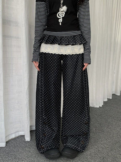 Button Dot Lace-trimmed Polka with Accessory Detachable Accents Black Wide-leg Jeans