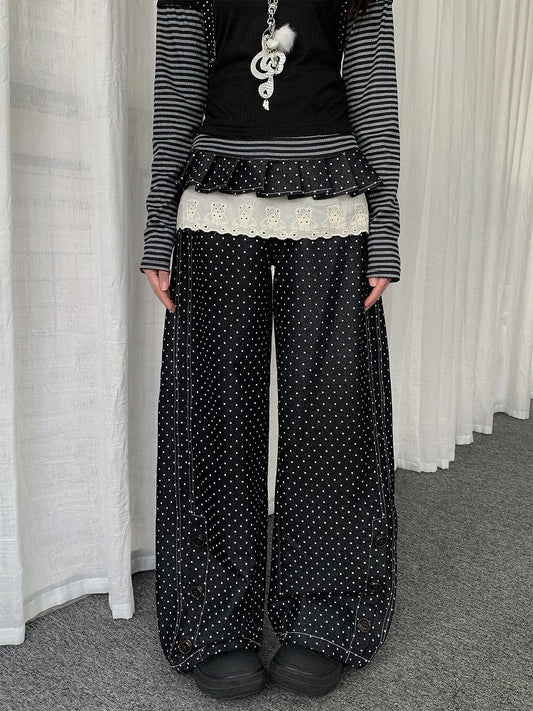 Button Dot Lace-trimmed Polka with Accessory Detachable Accents Black Wide-leg Jeans