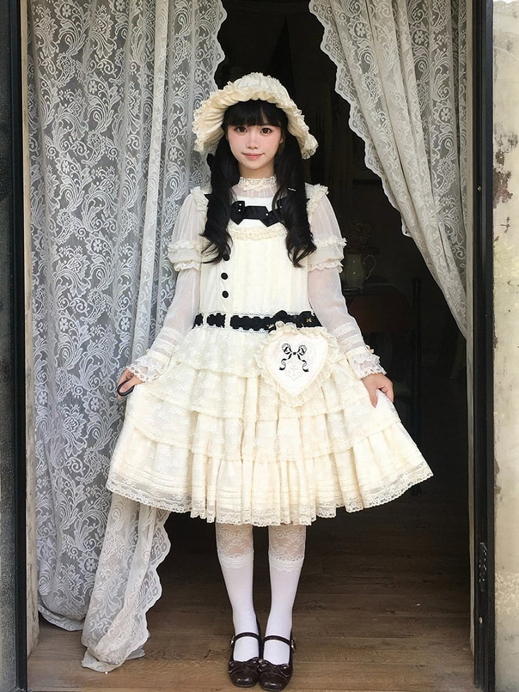 Timeless Beige & Black Lolita JSK Gown with Heart Waist Pouch and Delicate Lace - Miss Cube Dressworks