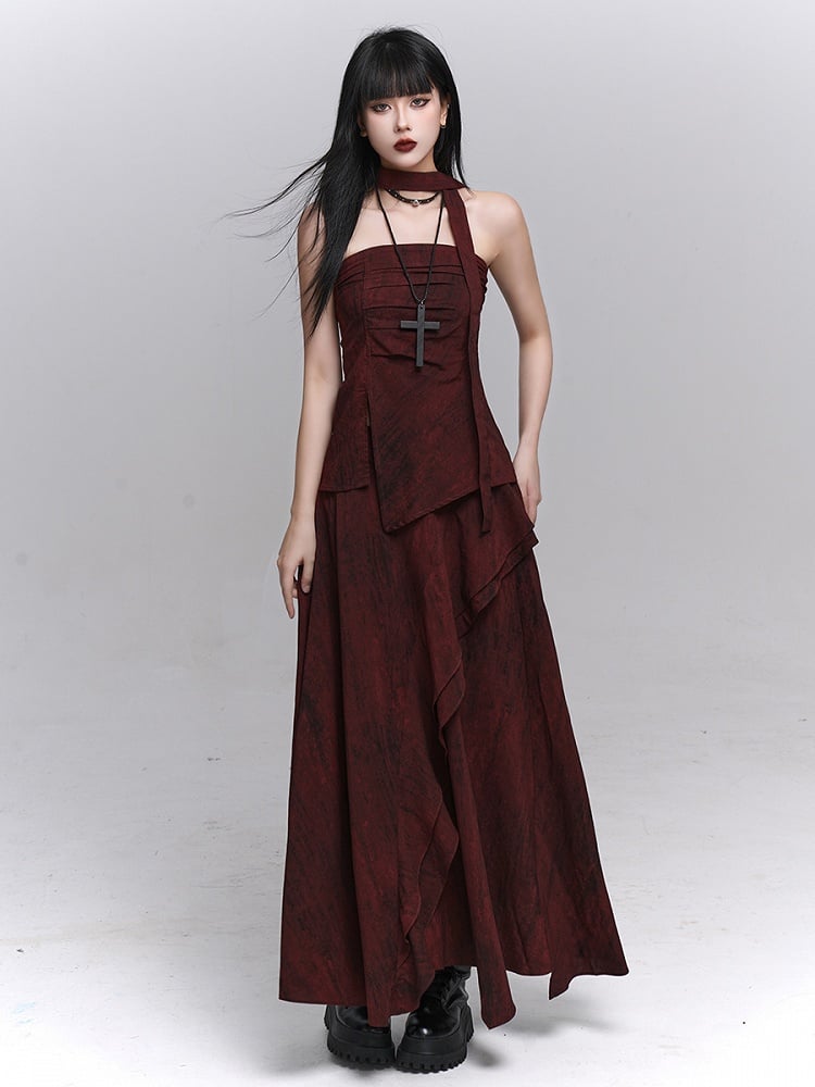 Red Ankle-Length  Gothic Splatter Skirt with Distressed