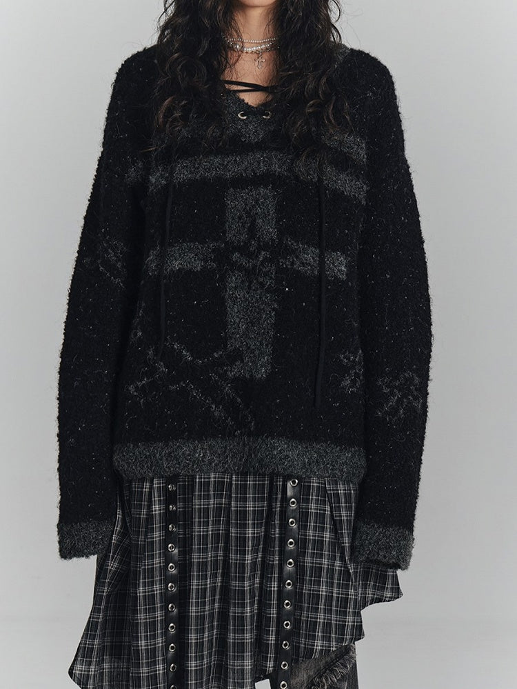 Lace-up Black Print with Crisscross Gray Sweater Cross Punk V-Neck